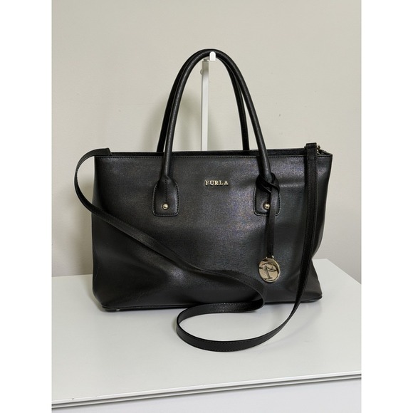 Furla Handbags - Furla Black Saffiano Leather Top Handle Tote Bag with Crossbody Shoulder Strap